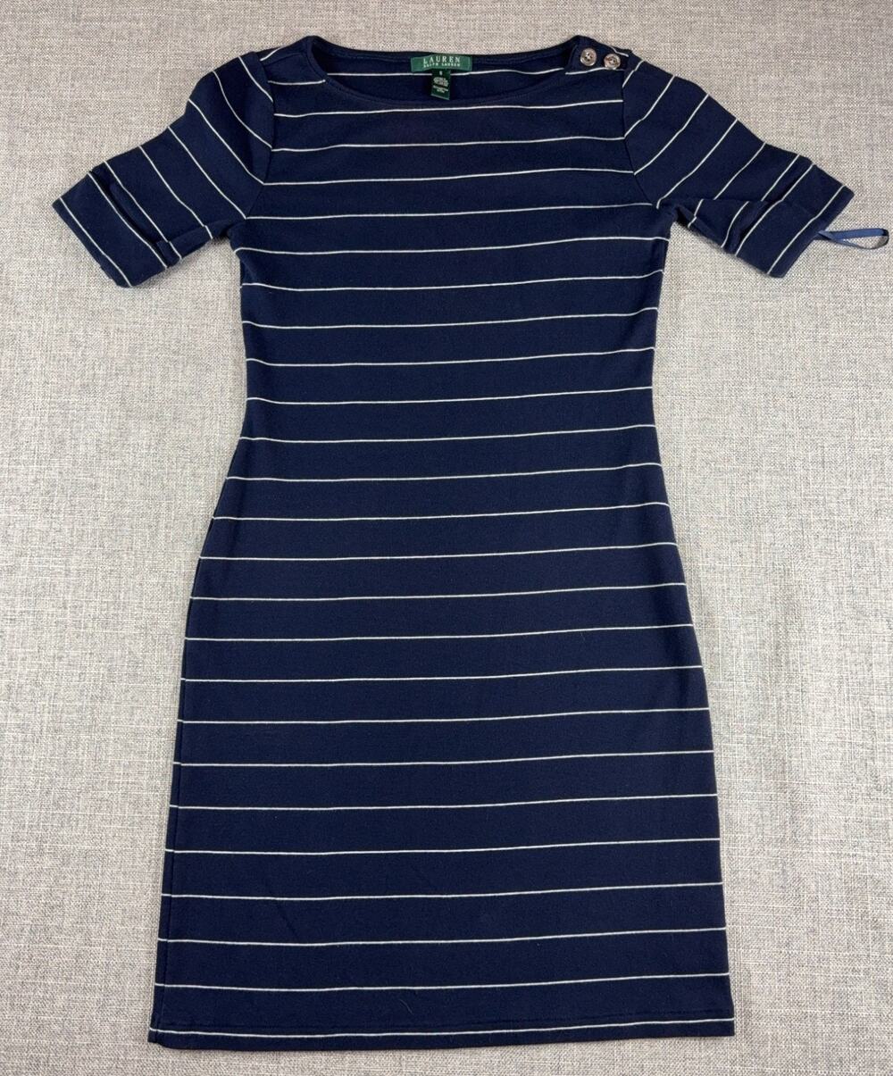 Lauren Ralph Lauren Dress Small Navy White Stripe Boat Neck Cotton Sheath Nautic